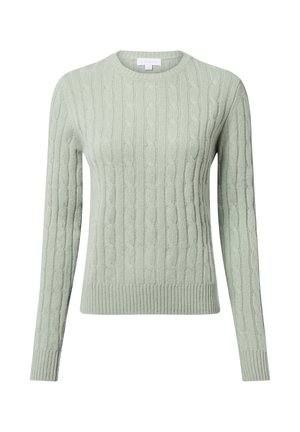 Light green sweater with a cable knit pattern, round neckline, long sleeves, and ribbed hem and cuffs. Soft texture and classic fit.
