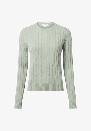 Jasnozielony sweter z wzorem w warkocze, okrągłym dekoltem, długimi rękawami oraz ściągaczami na dole i mankietach. Miękka tekstura i klasyczny krój.