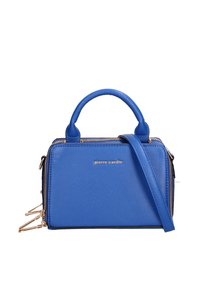 Borsa a tracolla in pelle blu con una forma strutturata, dotata di manico superiore, tracolla regolabile e dettagli in metallo dorato.