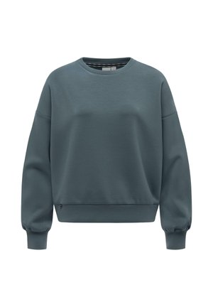 Donker tealkleurige sweatshirt met lange mouwen, ronde hals, geribbelde boorden en zoom, losse pasvorm en verlaagde schoudernaden.