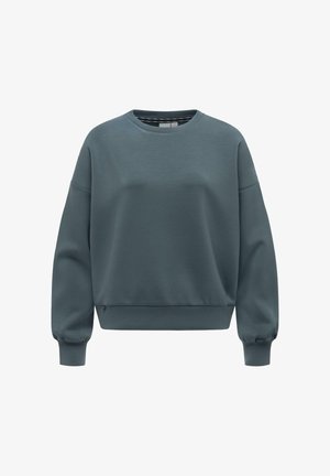 Felpa a maniche lunghe colore teal scuro con scollo rotondo, polsini e orlo a costine, vestibilità ampia e spalle scese.