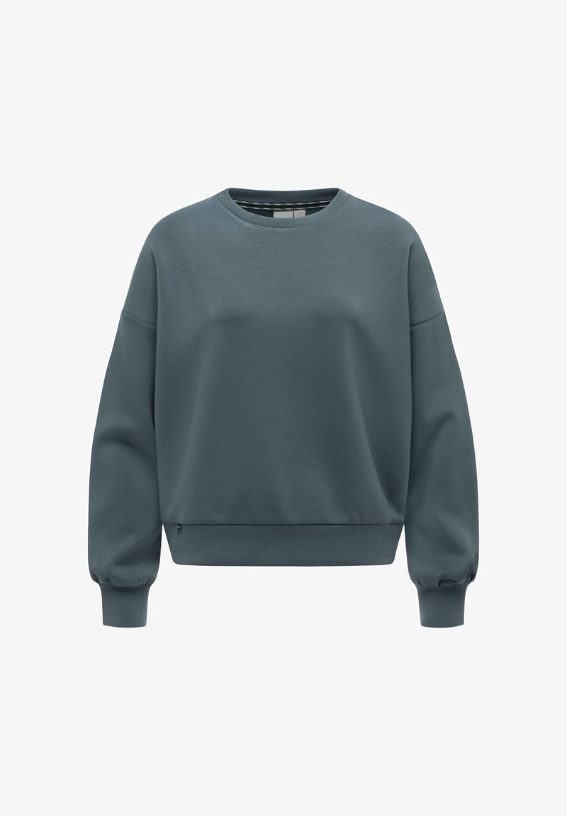 Dunkelgrünes Sweatshirt mit Rundhalsausschnitt, langen Ärmeln, gerippten Bündchen und Saum, lockerem Schnitt und abgesenkten Schulternähten.