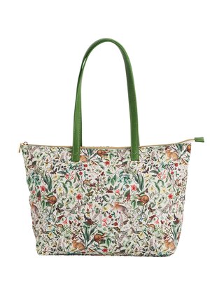 Tas met groene handvatten met een gedetailleerde bloemen- en natuurprint met konijnen, eekhoorns, vogels en diverse planten op een witte achtergrond.