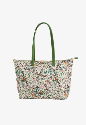 Borsa tote con manici verdi, caratterizzata da una stampa dettagliata di fiori e fauna con conigli, scoiattoli, uccelli e varie piante su sfondo bianco.