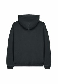 Haut à capuche noir avec une texture douce, capuche à cordon de serrage, poignets et ourlet côtelés, et une silhouette décontractée. Pas de logos ni de motifs visibles.