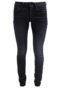 Svarta tight jeans i denim med medelhög midja, femfickorsdesign och en slät, något blank yta.