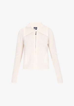 Cárdigan de punto con cremallera en color blanco roto. Presenta un gran cuello, un patrón texturizado y ribetes en el dobladillo y los puños. Tejido suave y ligero.