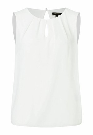 Weißes ärmelloses Blusentop mit rundem Ausschnitt und einem kleinen Schlüsselchen-Detail hinten. Glattes Material mit lässiger Passform.