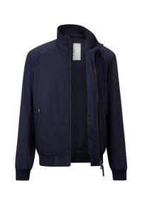 Veste de bombardier bleu marine avec un col montant, fermeture éclair sur le devant, poignets et ourlet élastiques, fabriquée en matériau léger avec une texture lisse.