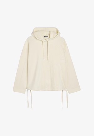 Light beige hoodie with a drawstring, oversized fit, and textured floral pattern on the front. Features long sleeves and side ties.