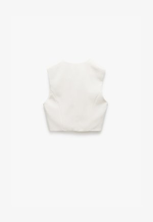 Weißes, kurzes Top aus glattem Stoff mit einem strukturierten, ärmellosen Design und schrägen Nähten auf der Rückseite.