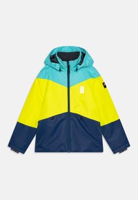 Színes kapucnis dzseki türkiz, sárga és sötétkék színblokkolású dizájnnal. Könnyű, vízlepergető anyagból készült.