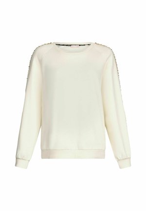 Cremefarbener Sweatshirt mit langen Ärmeln, gerippten Bündchen und Schulterakzenten aus kleinen goldenen Nieten. Weicher Stoff mit einer lässigen Passform.
