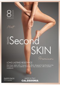 Collants Matt avec une apparence de 8 deniers. Texture lisse, couleur chair, ceinture confortable, étiqueté comme "Seconde Peau" par Calzedonia.