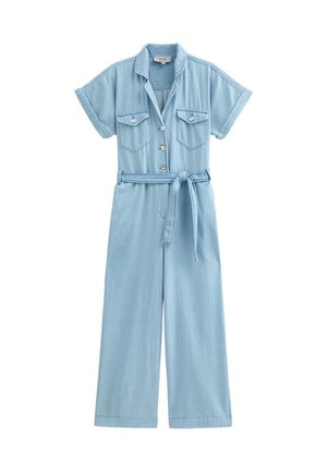 Light blue denim jumpsuit with a collared neck, short sleeves, two chest pockets, a waist tie, and wide-leg design.