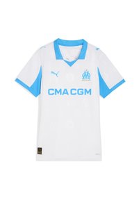 Bílý kratičký fotbalový dres s krátkým rukávem a světle modrými akcenty, s véčkovým výstřihem, logem "CMA CGM" a erbem Marseille na hrudi.