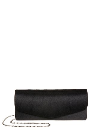 Black satin clutch purse with a flap closure and a silver chain shoulder strap.