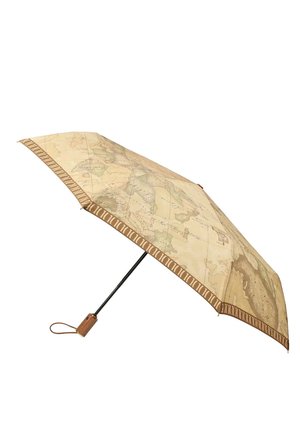 Ombrello con un design della canopia in stile vintage con una mappa dai toni marrone chiaro; struttura in metallo nero; manico marrone con texture intrecciata e tracolla.