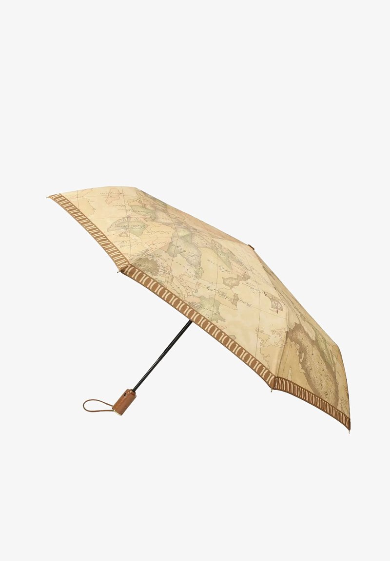 Ombrello con un design della canopia in stile vintage con una mappa dai toni marrone chiaro; struttura in metallo nero; manico marrone con texture intrecciata e tracolla.