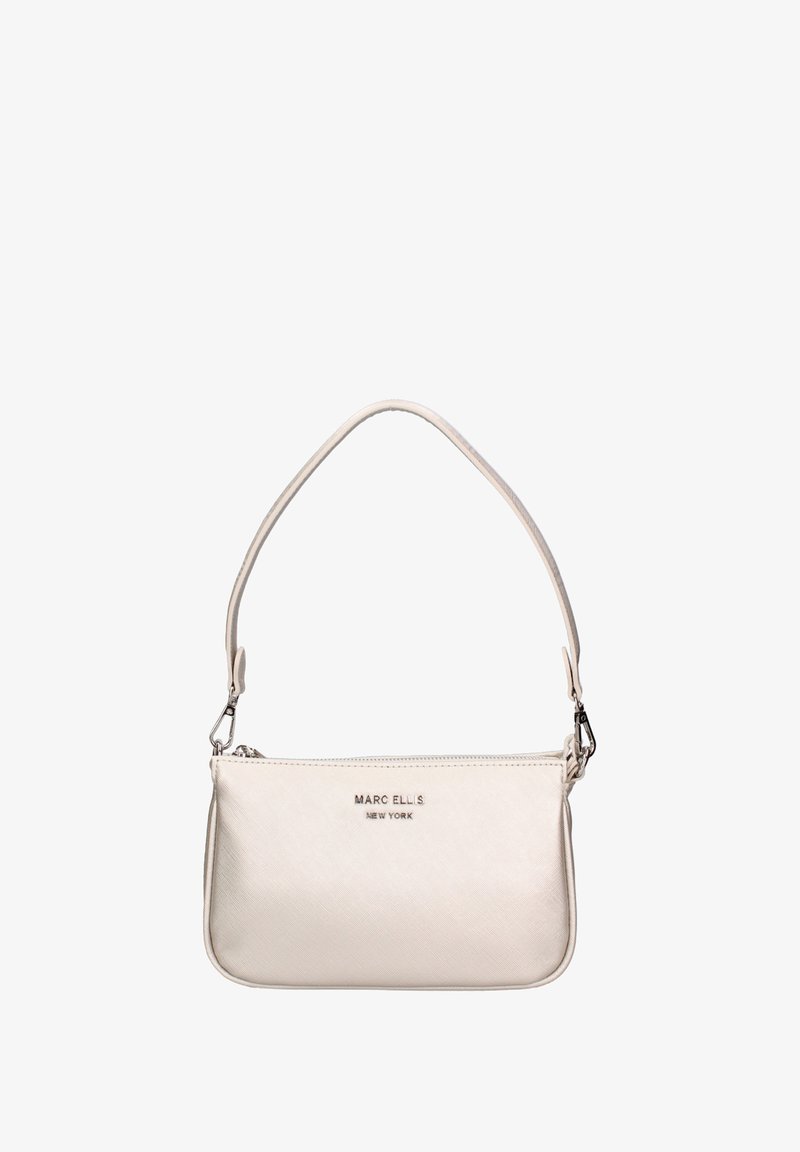 Borsa a mano in pelle colore crema con una texture liscia, chiusura con zip e tracolla regolabile. Presenta il logo impresso sul fronte.