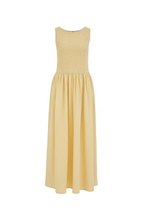 Rumena obleka brez rokavov, dolžine do gležnjev, z nabrano zgornjim delom in nabrano krilom iz lahkega blaga.
