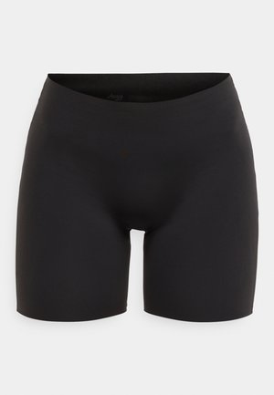 Zwarte stretchstoffen shorts met een gladde textuur. Mid-rise tailleband en een aansluitend ontwerp. Geen zichtbare naden of patronen.