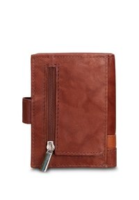 Portafoglio in pelle marrone con finitura texturizzata, caratterizzato da una cerniera argentata su un lato e da una striscia decorativa in pelle marrone più chiaro.