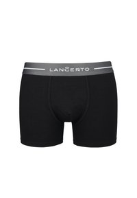 Czarne bokserki wykonane z elastycznego materiału z szarym pasem, na którym znajduje się nazwa marki "LANÇERTO" w białym nadruku.
