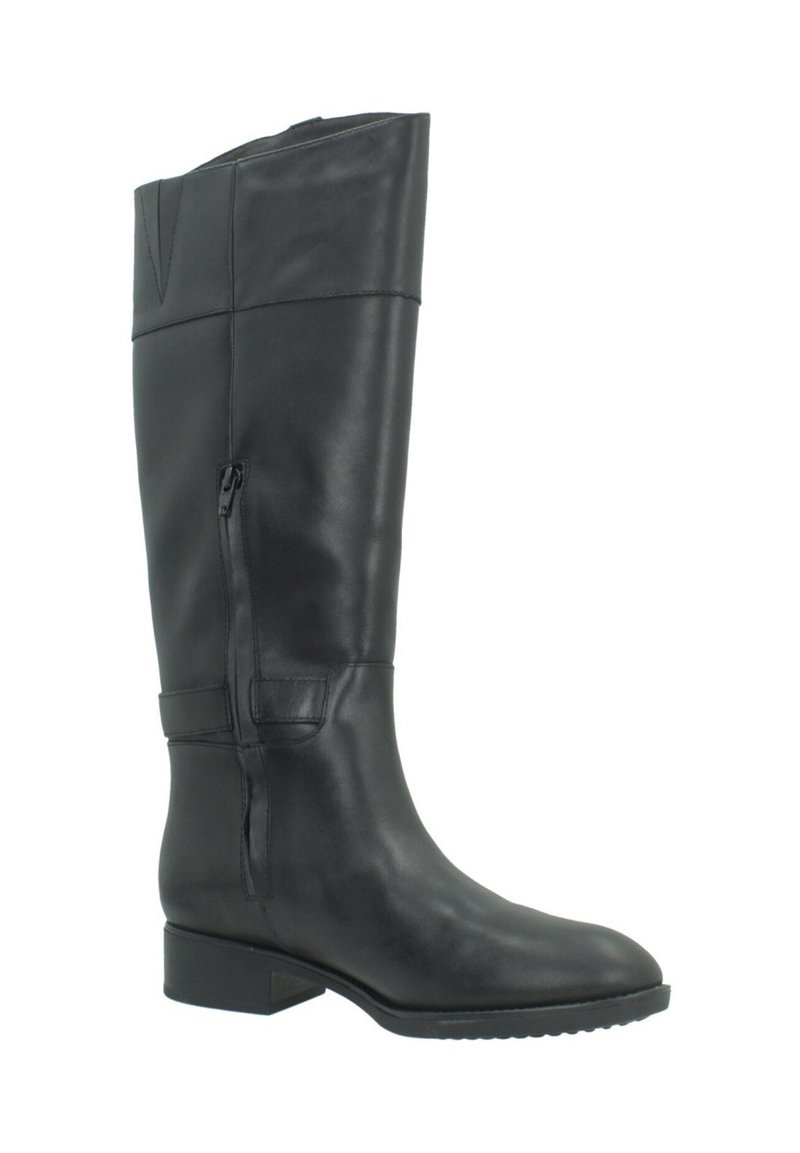 Czarne skórzane kozaki do kolan o gładkiej fakturze, z boku zamkiem błyskawicznym, na słupkowym obcasie i minimalnym przeszyciem. Posiadają zaokrąglony czubek oraz elegancki design.