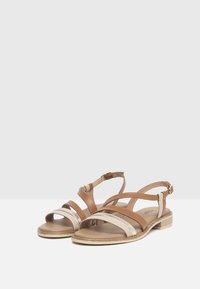 Sandales marron et métalliques avec un petit talon en bois, dotées de plusieurs lanières et d'une boucle à la cheville pour un ajustement sécurisé et un confort optimal.