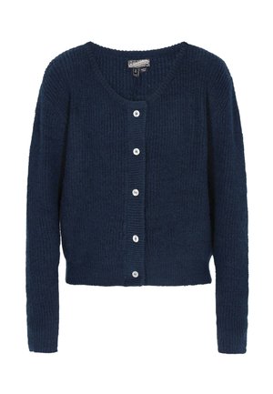 Cardigan lavorato a maglia blu navy con una texture morbida, caratterizzato da un collo a V, maniche lunghe e chiusura con bottoni sul davanti.