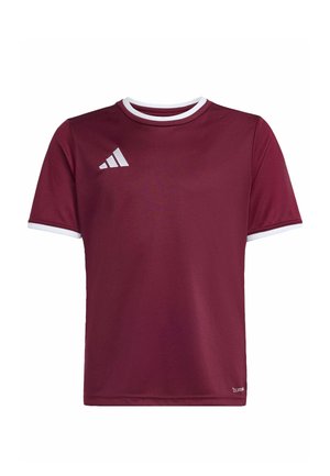 Bordowy krótki sportowy T-shirt z białym obszyciem na kołnierzu i rękawach, z białym logo Adidas na piersi.