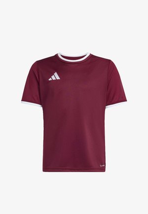 Bordowy krótki sportowy T-shirt z białym obszyciem na kołnierzu i rękawach, z białym logo Adidas na piersi.