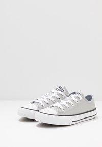 Ein Paar silberner Glitzer-Stoff-Sneaker mit niedrigem Schaft, weißen Gummikappen, weißen Schnürsenkeln und schwarz-weißen gestreiften Sohlen auf weißer Oberfläche.