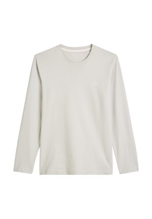 Lichtgrijze lange mouwen t-shirt van gladde katoen. Heeft een ronde halslijn en een klein, subtiel logo op de borst. Eenvoudig ontwerp.