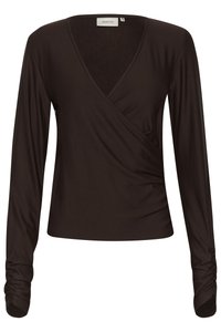 Brown long-sleeve wrap top in soft fabric with a deep V-neckline and ruched detail on the sleeves, featuring a fitted silhouette.