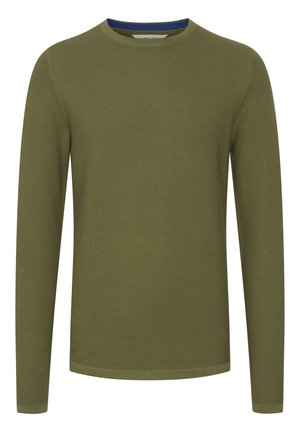 Olíva zöld, hosszú ujjú pulóver, texturált bordás kialakítással és kontrasztos tengerészkék nyakkal. Sima anyag, egyszerű szabás, díszítés nélkül.