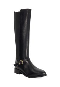 Black leather knee-high boot with a rounded toe, side elastic panel, and a strap featuring a gold buckle detail at the ankle.