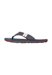 Navy flip-flop sandal with red accents and white stripe. Features a rubber sole, textured upper, and thong strap design for comfortable wear.