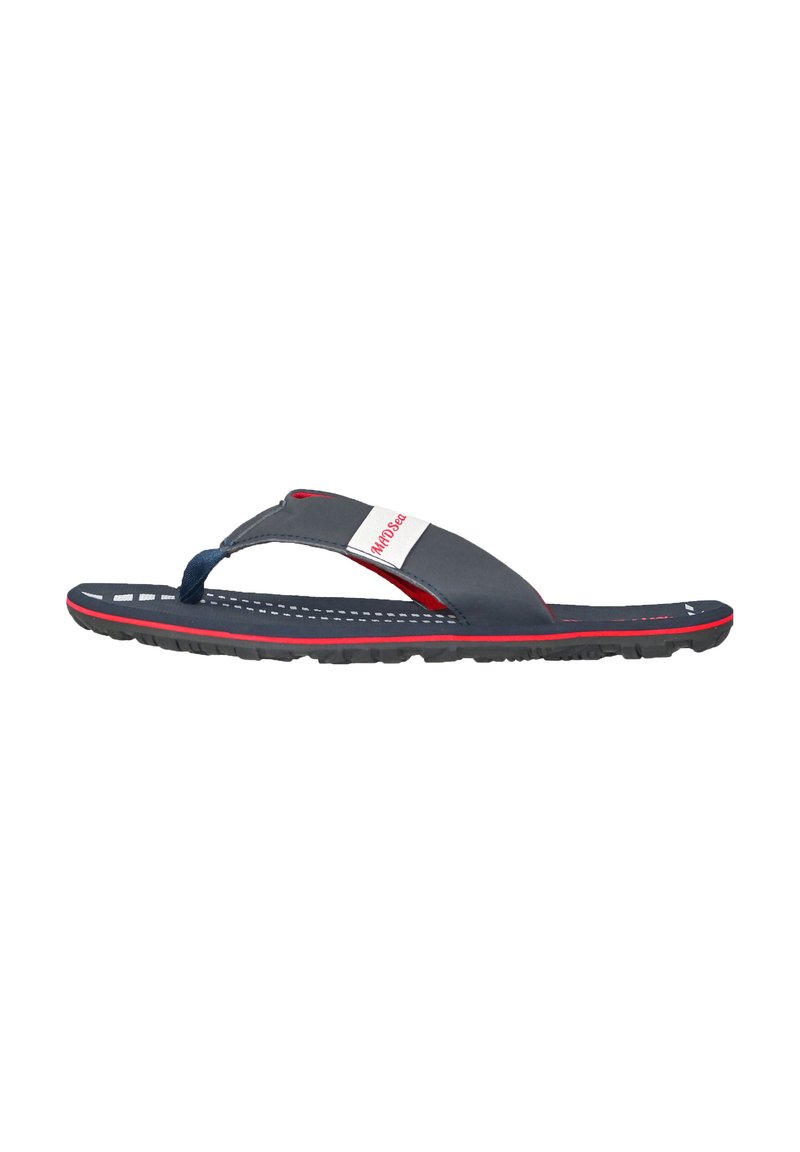 Navy flip-flop sandal with red accents and white stripe. Features a rubber sole, textured upper, and thong strap design for comfortable wear.