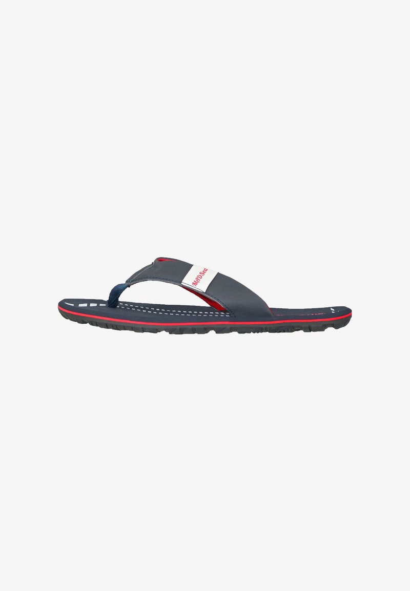 Navy flip-flop sandal with red accents and white stripe. Features a rubber sole, textured upper, and thong strap design for comfortable wear.