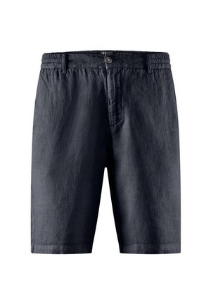 Bermuda in lino blu navy con una trama testurizzata, vita elasticizzata e chiusura con bottone, caratterizzate da un design a gamba dritta e tasche laterali.