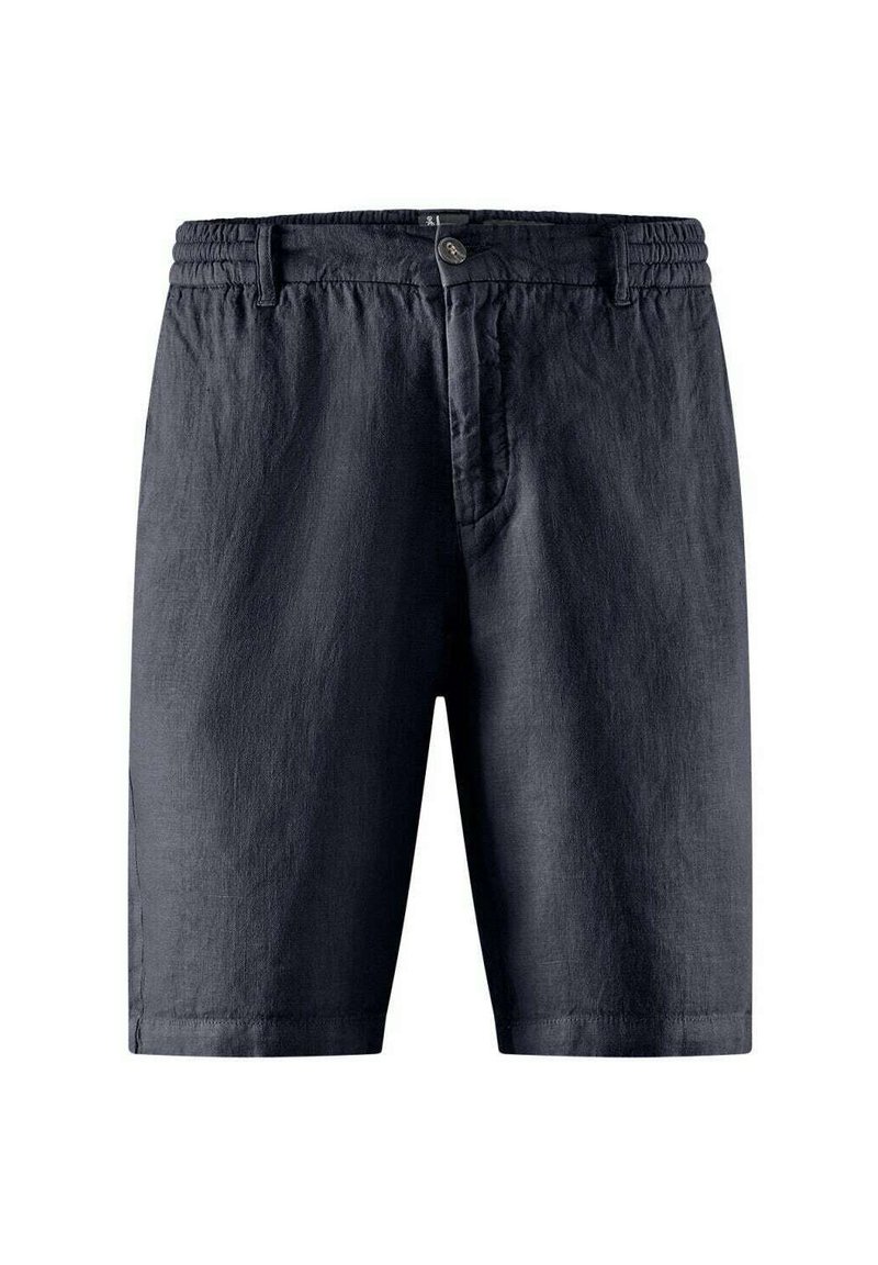 Bermuda in lino blu navy con una trama testurizzata, vita elasticizzata e chiusura con bottone, caratterizzate da un design a gamba dritta e tasche laterali.