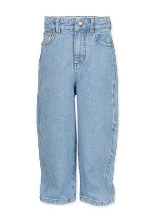 Lyseblå jeans med høj talje, vide ben, der er korte over anklen, forreste knaplukning og synlige syninger.