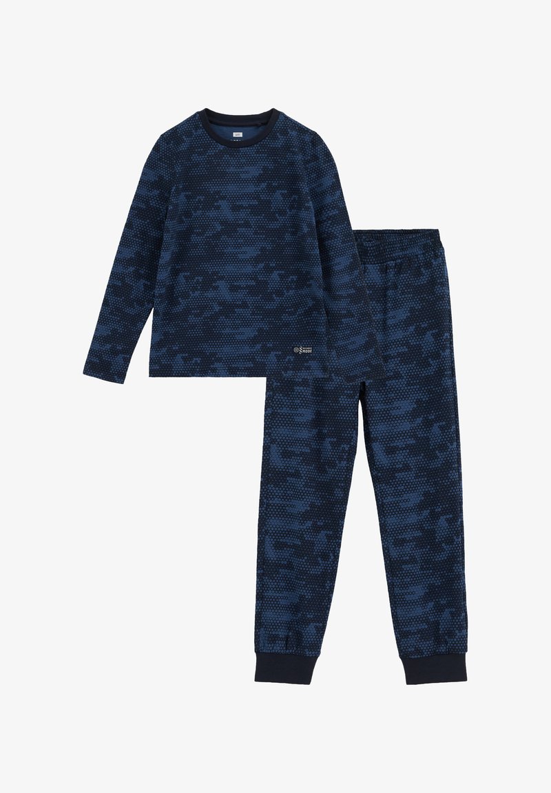 Ensemble pyjama enfant bleu marine deux pièces à manches longues et pantalon, featuring un motif camouflage hexagonal et des manches élastiquées.