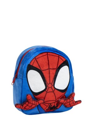 Zaino di peluche blu con il volto di Spider-Man, occhi grandi bianchi e mani rosse tese in posa di lancio della ragnatela.