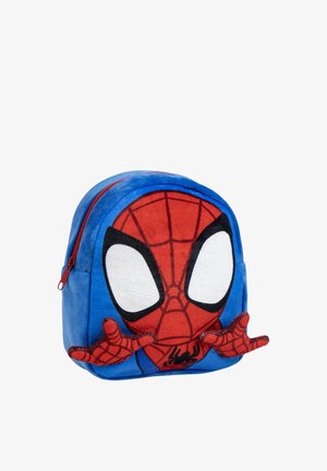 Blauwe pluchen rugzak met het gezicht van Spider-Man, voorzien van grote witte ogen en uitgestrekte rode handen in een webschietende houding.