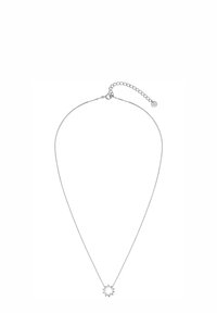 Sterling sølv halskæde med en tynd kæde og et stjerneburst vedhæng, der har en poleret overflade og en lås med forlængelseskæde.