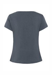 Kurzärmliges T-Shirt mit Rundhalsausschnitt aus dunkelgrauem Baumwollmix. Glatte Textur mit lässiger Passform, geradem Saum und ohne sichtbare Logos oder Muster.