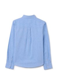 Camicia a maniche lunghe di un blu chiaro con una sottile trama, polsini con bottone e una piega sul retro per facilitare i movimenti. Design del colletto classico.